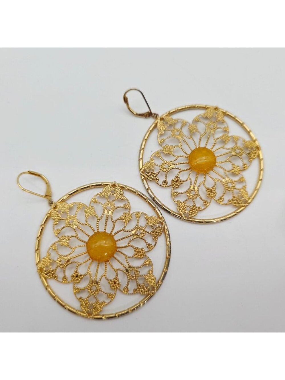 Gold-Tone Filigree Hoop Earrings With Yellow Accent Centerpiece 3"